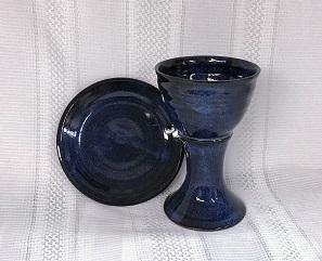 photo of 1st communion pottery set in Neuhaus glaze made by Debra Ocepek of Ocepek Pottery Communionware