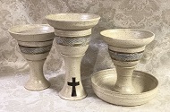photo of 5 1/2 Dish Paten on Blessing Cup, Chalice, and Communion Server by Debra Ocepek of Ocepek Pottery